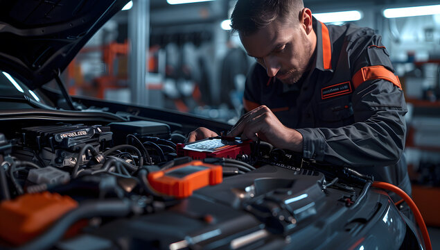 Auto mechanic working on car broken engine in mechanics service or garage. Transport maintenance wrench detial