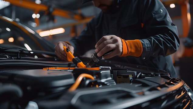 Auto mechanic working on car broken engine in mechanics service or garage. Transport maintenance wrench detial