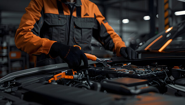 Auto mechanic working on car broken engine in mechanics service or garage. Transport maintenance wrench detial