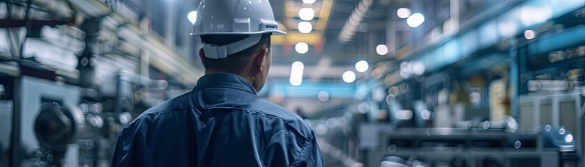 An industrial worker wearing a hard hat and blue coveralls is walking through a large, modern factory.