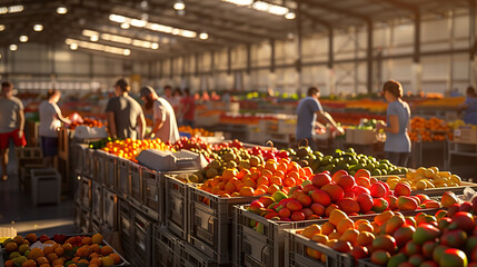 Volunteers from various walks of life busily sort an abundance of fresh fruits and vegetables for a community food bank. 
