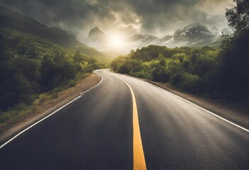 A view of beautiful road with high mountains and sun rises infront of mountain