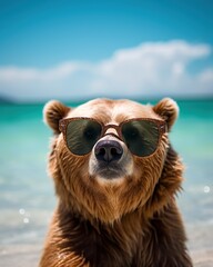 Portrait of stylish bear wearing sunglasses at beach