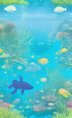 Fototapeta na wymiar Seamless pattern background of underwater ecosystems and marine life with coral reefs and graceful sea creatures like tropical fish and sea turtle.
