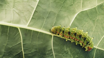 Fototapeta premium A caterpillar inching its way along a leaf's vein, symbolizing growth and transformation in the natural world.