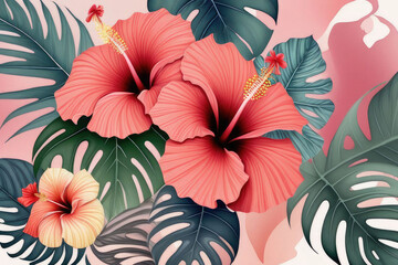 Tropical floral background with exotic hibiscus and monstera leaf art.