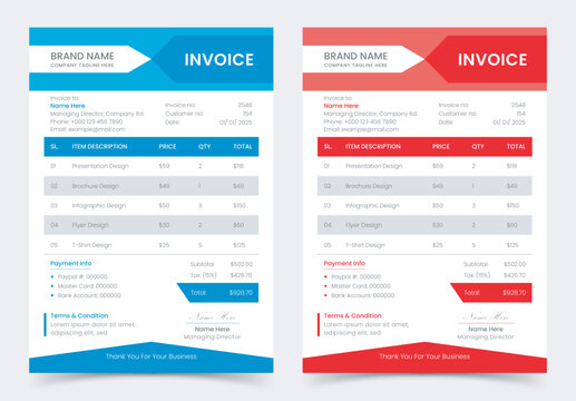 Minimal professional corporate colorful business invoice template design, bill form business invoice accounting, stationery design, payment agreement design template vector illustration.