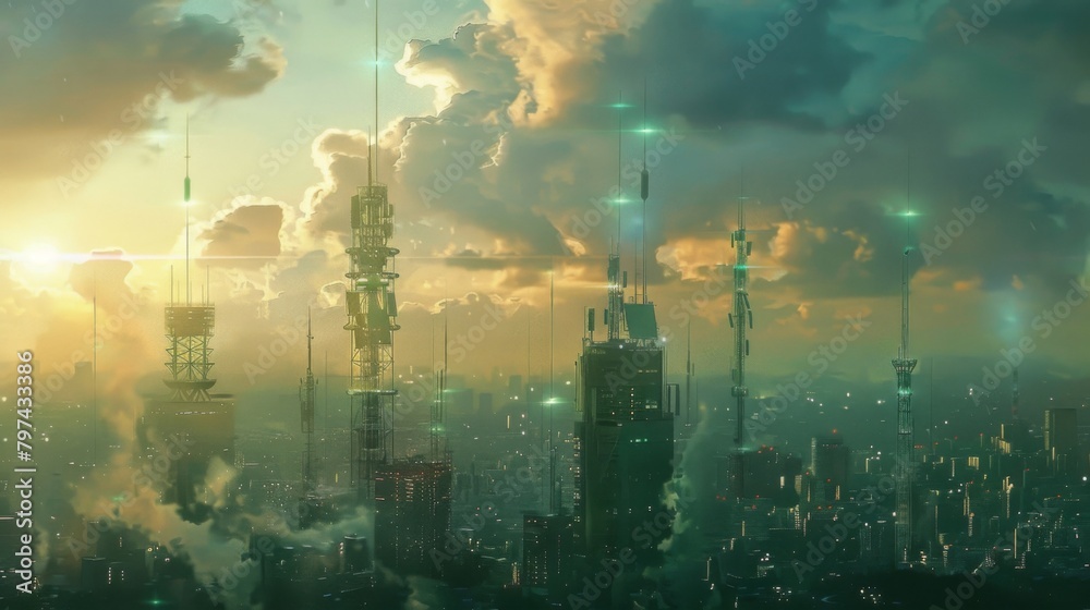 Poster a city skyline with multiple signal towers blending seamlessly into the urban landscape