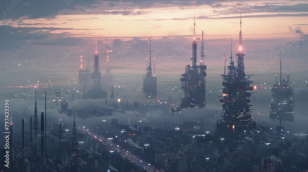 Poster a city skyline with multiple signal towers blending seamlessly into the urban landscape