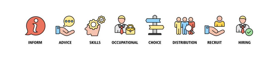 Job fair banner web icon set vector illustration concept for employee recruitment and onboarding program with an icon of the information, advice, skills, occupational, applicants, recruit, and hiring
