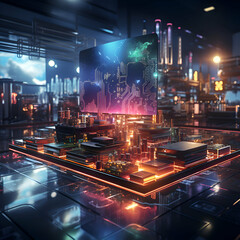 Futuristic technological background with a hologram of a circuit board. 3d rendering