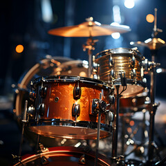 Drum set on stage in a nightclub. Shallow depth of field