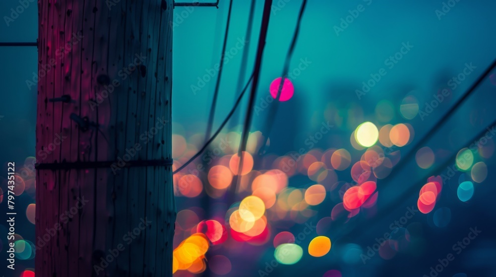 Poster a close-up of a power pole at dusk with colorful city lights in the background