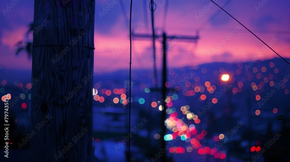 Poster a close-up of a power pole at dusk with colorful city lights in the background