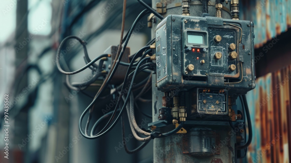 Poster a close-up of a transformer attached to an electric power pole humming with energy