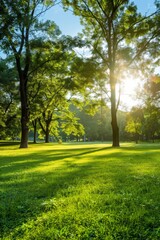 Sunlit green meadow with trees in a park setting