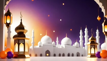 eid mubarak theme in hd with a lot of lantern lights with matellic colours with luxrious royal background and mosque in shiny colour behind it with eid celebrations confetti