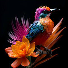 Naklejka premium Beautiful colorful bird with flower on black background. Studio shot.