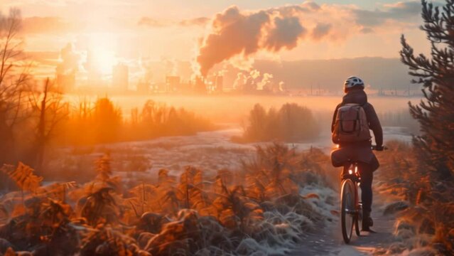 A Cyclist people wearing a pollution mask riding on a path near industries, sunshine