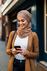 Smiling Woman in Hijab Using Smartphone on City Street. Generative ai