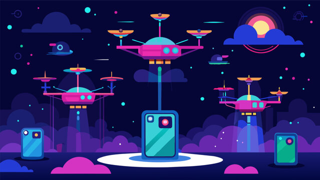 A sky full of drones emit colorful lights creating a mesmerizing display as they showcase messages and images on their holographic neural screens..