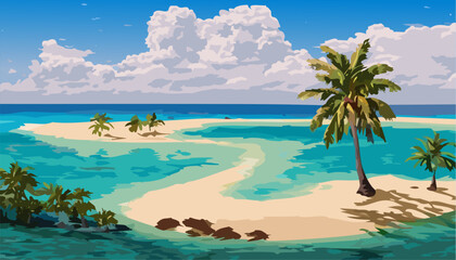 Landscape tropical island and beach with palm trees