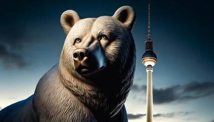 Close-up portrait of a lone bear in a regal pose in front of the Fernseturm (TV tower) in Berlin. The bear, with its sharp and penetrating gaze, symbolizes guardianship over the city's modern achievem