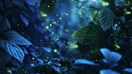A cluster of fireflies illuminating a leafy canopy at night, casting a magical glow in the darkness.