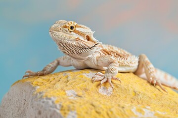 A serene shot of a bearded dragon perched on a pastel yellow rock, its textured scales and composed demeanor creating a captivating portrait