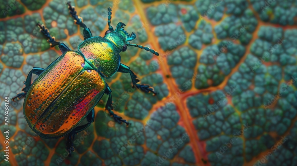 Poster A colorful beetle exploring the textured surface of a leaf, adding a pop of nature's palette to the scene.