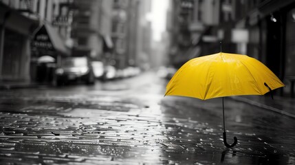 A lone umbrella in a rainy street scene, everything in black and white except the bright yellow umbrella, offering a pop of color - obrazy, fototapety, plakaty