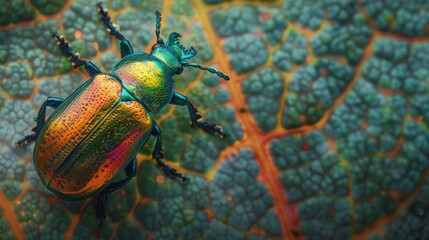 A colorful beetle exploring the textured surface of a leaf, adding a pop of nature's palette to the scene.