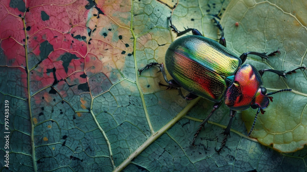 Aufkleber A colorful beetle exploring the textured surface of a leaf, adding a pop of nature's palette to the scene.