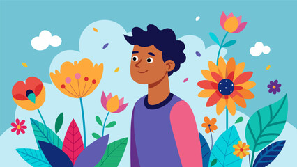 Suddenly one friend stops in their tracks and stares in wonder at a patch of colorful flowers realizing for the first time the connection between. Vector illustration - obrazy, fototapety, plakaty
