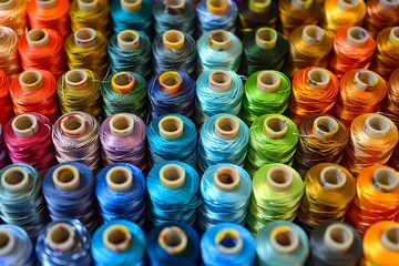A variety of colorful spools of thread.