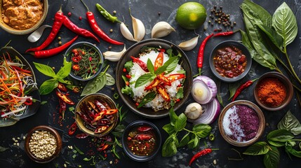 Artistic layout of various Thai dishes, showcasing a range of spices and textures, from fresh herbs to fiery chilies, arranged around a central bowl of rice