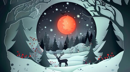 Naklejka premium Artistic paper cut design featuring a serene Christmas night landscape, with Santa and deer silhouettes under a full moon