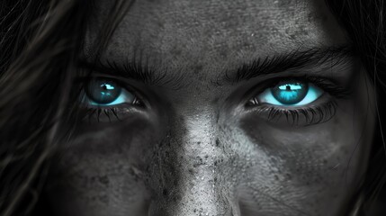Artistic portrait in black and white with only the eyes highlighted in striking blue, conveying deep emotion and focus
