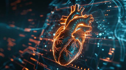 Concept art of a human heart x-ray with integrated digital circuitry, showcasing a blend of biology and technology