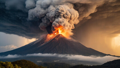 Volcano erupts with smoke, thunder, and lightning, illustrating raw power of nature
