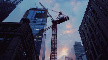A construction crane silhouetted against the evening sky, building the next iconic skyscraper