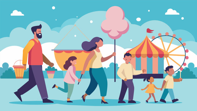 The smell of cotton candy lingers in the air as families stroll through the fairgrounds admiring the different carnival games and rides.. Vector illustration