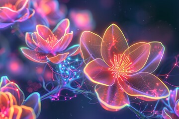 Abstract Neon Bloom Networks: Bright Interconnected Floral Networks in Neon