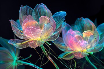 Abstract Neon Bloom Networks: Electric Flowering Neon Mesh