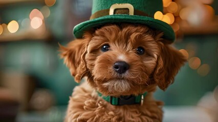 Labradoodle Puppy Wearing a Leprechaun Hat in a St Patrick's Day Themed Setting. Concept St Patrick's Day, Pet Photography, Leprechaun Hat, Puppy Photoshoot, Holiday-themed Setting