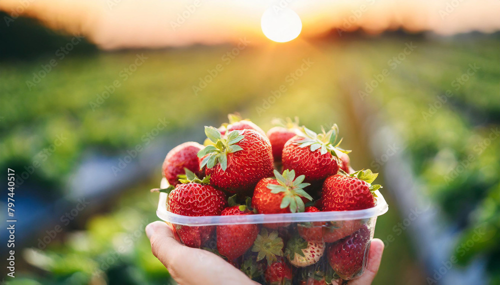 Sticker hand holds plastic box of strawberries against a radiant sunset backdrop, capturing the essence of fruitful harvest and nature's bounty