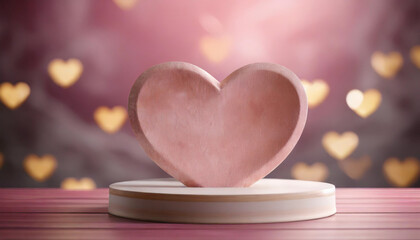 Heart-shaped podium for product display on pink backdrop, symbolizing love and attention, ideal for Valentine's or romantic-themed promotions