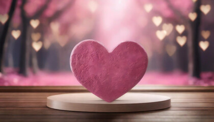 Heart-shaped podium for product display on pink backdrop, symbolizing love and attention, ideal for Valentine's or romantic-themed promotions