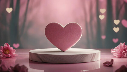 Heart-shaped podium for product display on pink backdrop, symbolizing love and attention, ideal for Valentine's or romantic-themed promotions