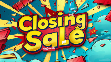 Colorful and impactful comic style banner for a closing sale event, highlighting discounts.